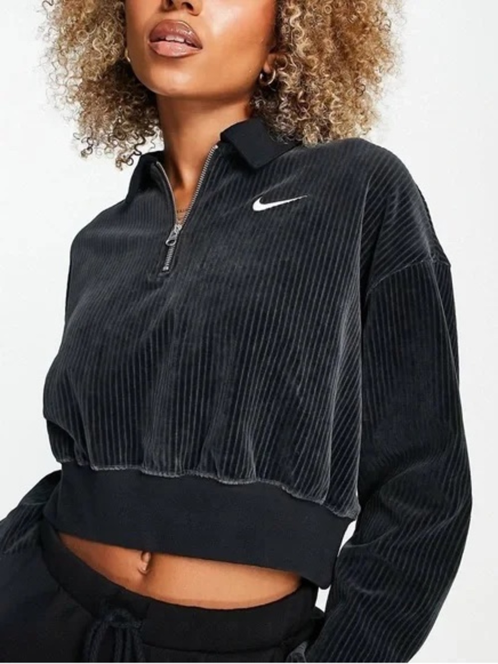 Nike Classic Black Soft Ribbed Velour Cropped Quarter-Zip Pullover Sweater Top
